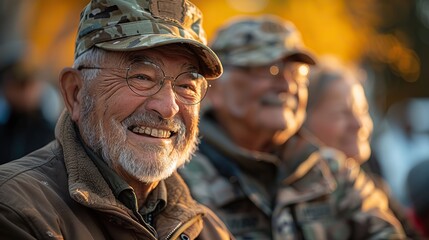 Obraz premium A blurred background frames a group of veterans as they share laughter and camaraderie.