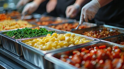 Volunteers at a church conference prepare meals for attendees against a blurred background with copy space.