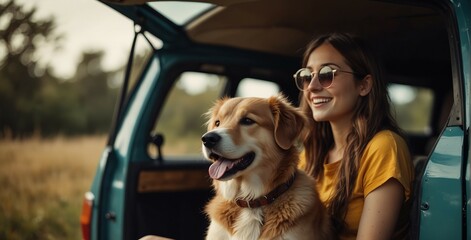 Hipster people with cute dog traveling together on vintage minivan - Wanderlust and life inspiration concept with hippie couple on mini van adventure trip - Bright warm filter.