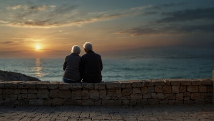 Loving the elderly couple sitting on the wall facing the beach, watching and taking pictures of the landscape on a romantic trip.