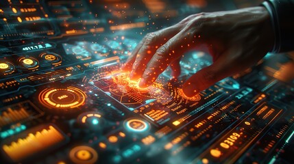 A hand swiping through dynamic and dramatic holographic financial charts and graphs, creating compositions with ample copy space.