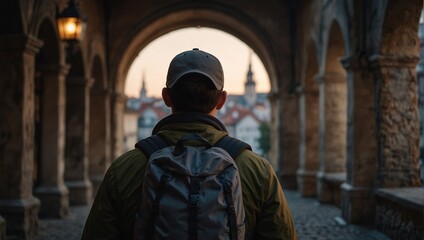Naklejka premium rearview backpacker traveller male man looking at old tradition architecture old town in europe sunrise vlog male travel influencer walking in old town famous travel tour destination.