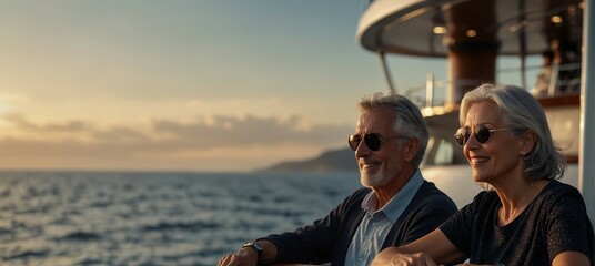 Retired friends enjoying carefree travel on luxury yacht.