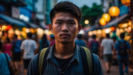Obraz premium Young Asian traveling backpacker in Khaosan Road outdoor market.