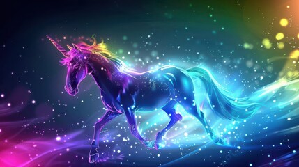 Fototapeta premium A majestic unicorn charges through a field of stars, its horn glowing with power. The unicorn's mane and tail are a rainbow of colors, and its eyes are bright with intelligence.