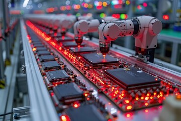 A futuristic semiconductor assembly line with robotic arms assembling microchips, representing automation and efficiency in the semiconductor industry