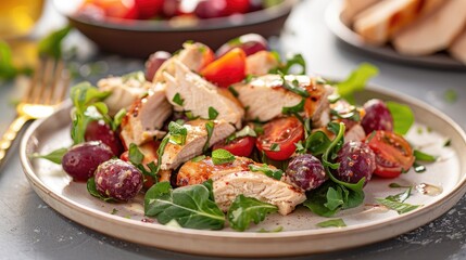 Plate of chicken salad and grapes on table