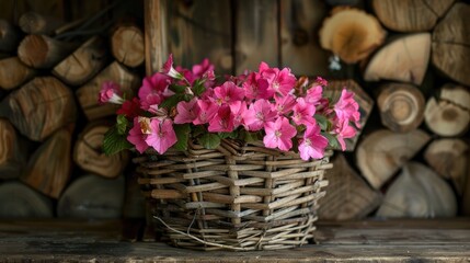 Obraz premium Pink flowers in a rustic basket with firewood backdrop Perfect for home decor or spring theme Ample space for text
