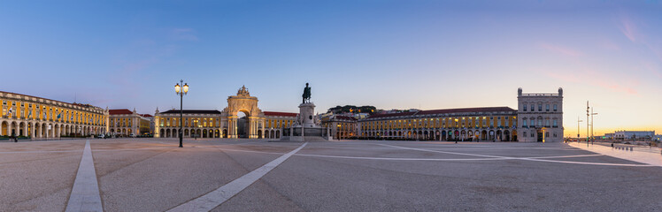 Lisbon Portugal, sunrise panorama city skyline at Arco da Rua Augusta and Commerce Square