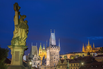 Obraz premium Prague Czech Republic, night skyline at Charles Bridge and Prague Castle, Czechia