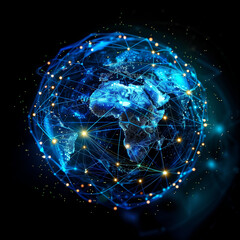 Obraz premium Eine Weltkugel mit digitalen Netzwerken und Verbindungen, die die globale Vernetzung und den Einfluss von KI auf die Weltwirtschaft symbolisieren. 