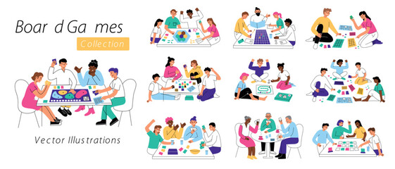 Vector illustration set of people playing boardgames. Friends and families enjoying card games at the table. Children, adults, and elderly cartoon style characters. Fun leisure time