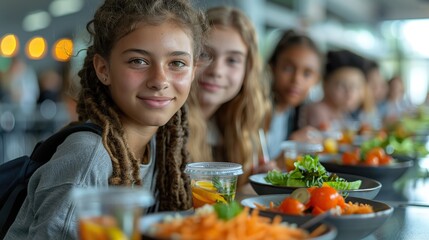 A diverse group of teenagers enjoy a meal in a school cafeteria, their varied ethnicities blending seamlessly in the blurred bokeh background, leaving ample space for text.