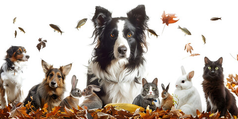  a herd of sheep and a black and white dog sitting together on a bed of autumn leaves, with a backdrop of red and yellow leaves.