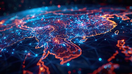 Digital map of Southeast Asia: A concept of global connectivity, data transfer, cyber technology, and business information exchange through telecommunication.