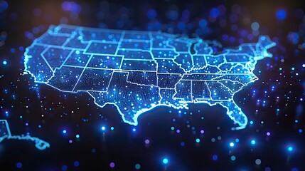 Digital map of the United States illustrating the concept of the American global network, encompassing connectivity data transfer, cyber technology, electronic vote information exchange, and telecommu