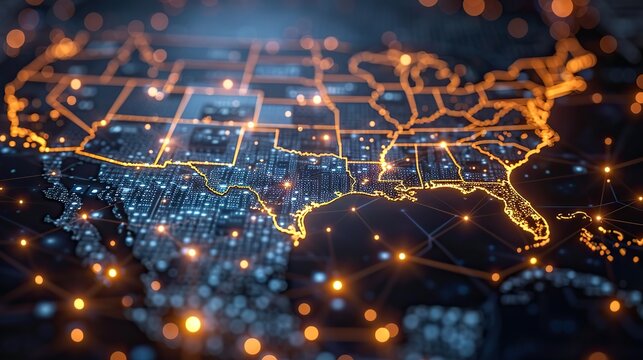 Digital map of the United States, illustrative of North America's global network infrastructure, facilitating data transfer, cyber technology advancements, information exchange, and telecommunications