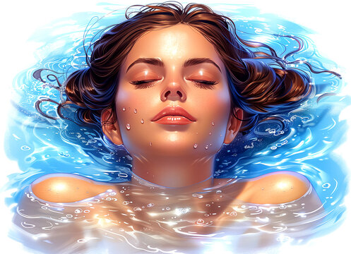 A woman is floating in a pool of water. She is wearing no clothes and she is relaxed