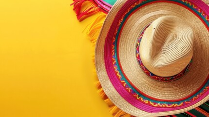 Two Vibrant Sombreros in Harmonious Stack Against a Bright Yellow Canvas