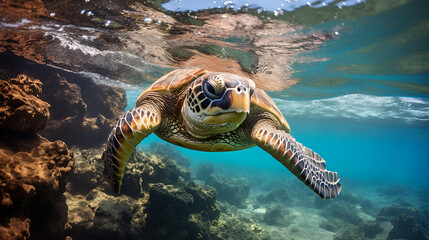 Fototapeta premium Graceful Sea Turtle Swimming Above Coral Reef Near Ocean Surface