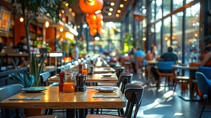 Interior shot of a shopping mall's food court with a variety of dining options and seating areas, capturing a blurred background of customers enjoying their meals.