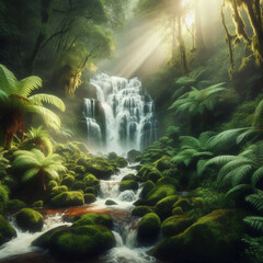 A cascading waterfall surrounded by lush green ferns and moss