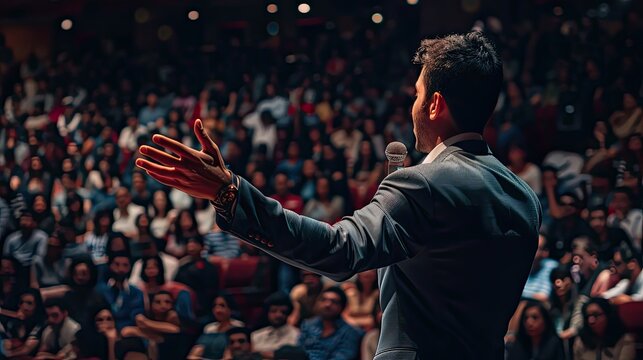 The speaker welcomed the audience as he took the conference stage.