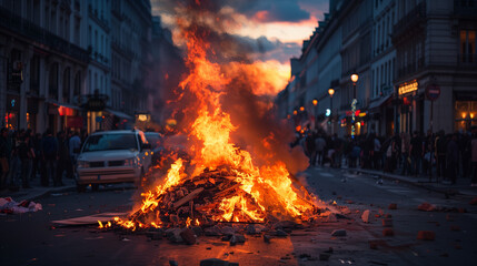 Bastille Day with a burning bonfire in the center of the city celebrating freedom and unity, Ai Generated Images