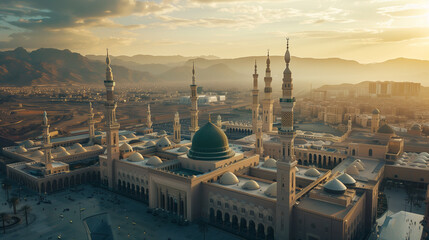 The Nabawi Mosque with its prominent dome and spacious courtyard, clear sky with sunlight shining on the building, Ai Generated Images