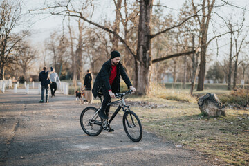 Fototapeta premium A young man rides his bicycle through a lush park, embodying freedom and recreation amidst nature in the afternoon.