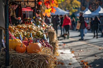 Fall-themed market: hay bales, gourds, leaves, browsing crowd, seasonal treats, lively atmosphere.