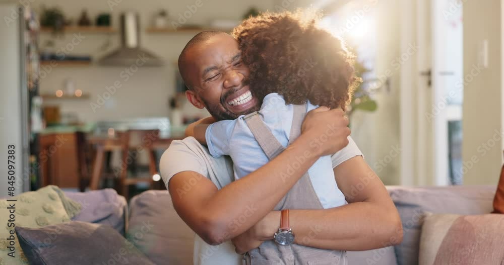 Canvas Prints Father, child and hug with love at house for support, safety or care by bonding together in childhood. Smile, boy and man relax in embrace of gratitude, trust or security of parent in living room