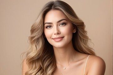 Fototapeta premium Portrait of a Beautiful Young Woman with Pristine Skin, Highlighting Face Care, Cosmetology, and Spa Beauty 