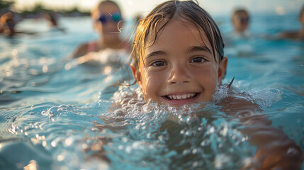 Parents teaching their children to swim.