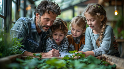 Parents helping their children with homework in green house.