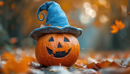 Naklejka premium Whimsical Halloween Pumpkin with Blue Witch Hat in Autumn Setting. Perfect for Cards, Posters, and Seasonal Prints