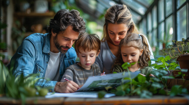 Parents helping their children with homework in green house.