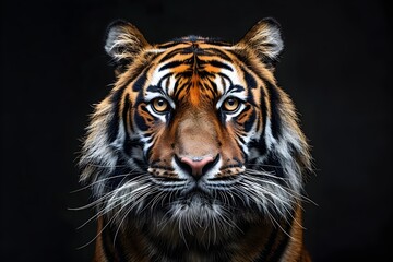 Fototapeta premium Intense,studio-style portrait of a powerful and majestic tiger staring intently with a captivating gaze against a dramatic black background.