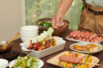 Kebabs with fresh meat and veggies ready for grill