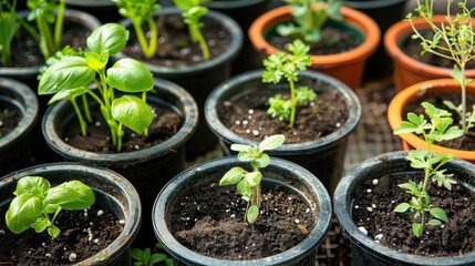 Young Plants Growing in Small Pots