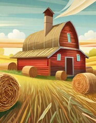 landscape with hay bales and barn