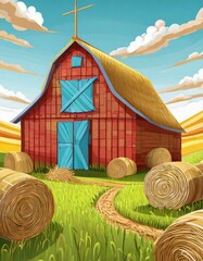 Farm-themed cartoon barn design featuring straw bales and hay piles.
