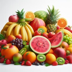 A colorful mix of fresh tropical fruits like apples, oranges, bananas, and kiwi sits isolated on a white background