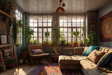 Bohemian design interior eclectic furniture vibrant patterns, patterned rug, seating colorful cushions, and hanging plants, vintage decor items, wooden flooring, and large windows
