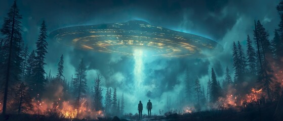 Alien Plates And Silhouettes Of Aliens. Illustration On The Theme Of Fantasy, UFO, And Space.  Generative AI	
