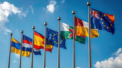 World flags collection featuring European flags fluttering in the breeze