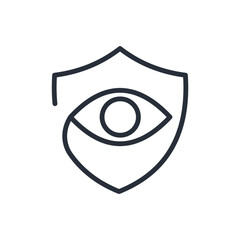 Open eye and shield. Safety. Service of constant surveillance, control, protection. Vector linear icon logo isolated on white background.