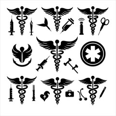 Caduceus health symbol silhouettes vector, Apotheke icon vector, Health logo vector. caduceus. rod of Asclepius.