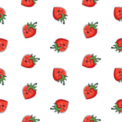 Cute red Kawaii Strawberry character seamless pattern in cartoon style. Vector Strawberry illustration. Strawberry texture. Pattern for kids clothes. Manga style