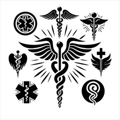 Caduceus health symbol silhouettes vector, Apotheke icon vector, Health logo vector. caduceus. rod of Asclepius.